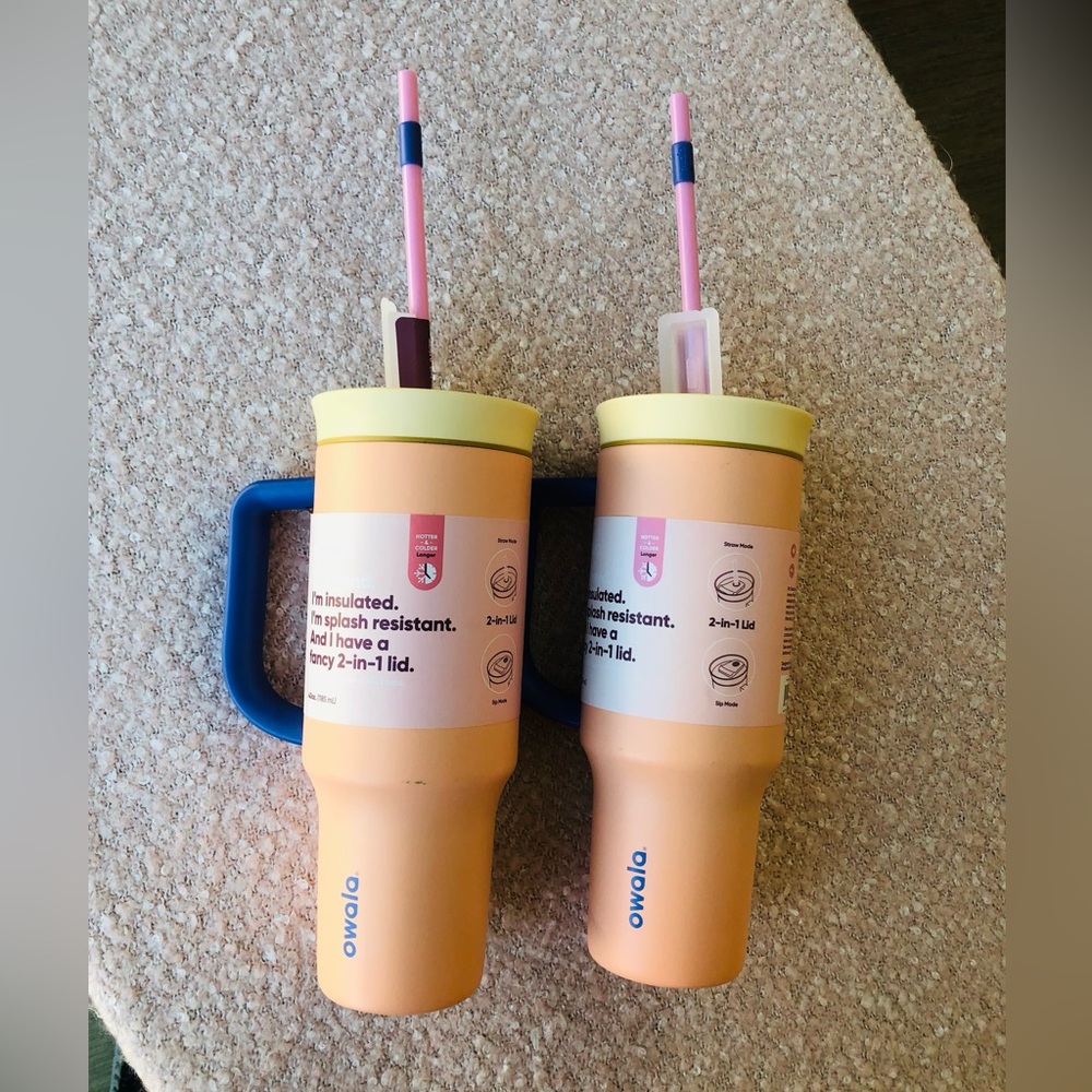 Owala Peach 40 oz  Insulated Bottle with Blue Handle and Pink Straw ( set of 2 )